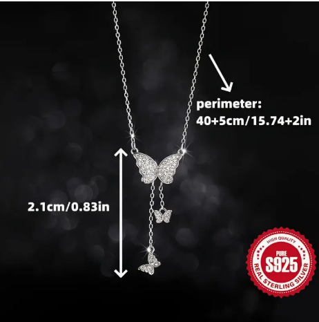 925 Sterling Silver Elegant Butterfly Pendant Necklace Luxury Zirconia Inlaid Tassel Design