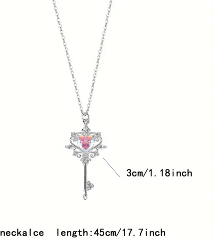 Elegant 925 Sterling Silver Key Pendant Necklace with Rainbow Heart Gemstone