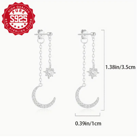 925 Sterling Silver Moon and Star Drop Earrings – Hypoallergenic Cubic Zirconia Dangle Jewelry for Women, Elegant Celestial Style