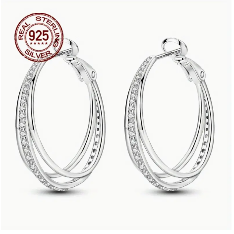 π 925 Sterling Silver Triple Hoop Sparkle Earrings β Hypoallergenic Luxury Style with Synthetic Zirconia, Elegant Everyday Shi