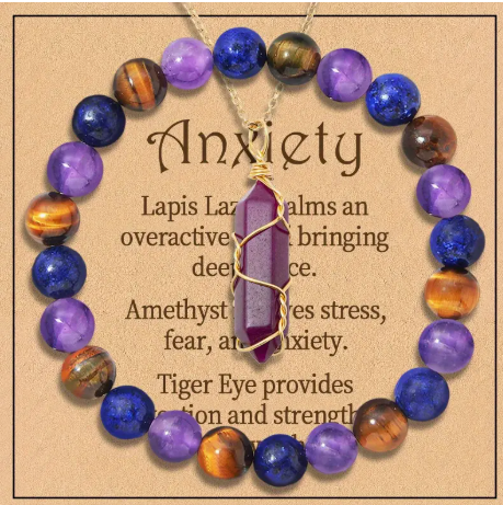 Lapis Lazuli, Amethyst & Tiger Eye Jewelry Set – 2-Piece Anxiety Relief Necklace and Bracelet for Calming and Strength