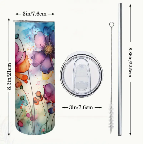 20oz Floral Stainless Steel Tumbler With Lid And Straw