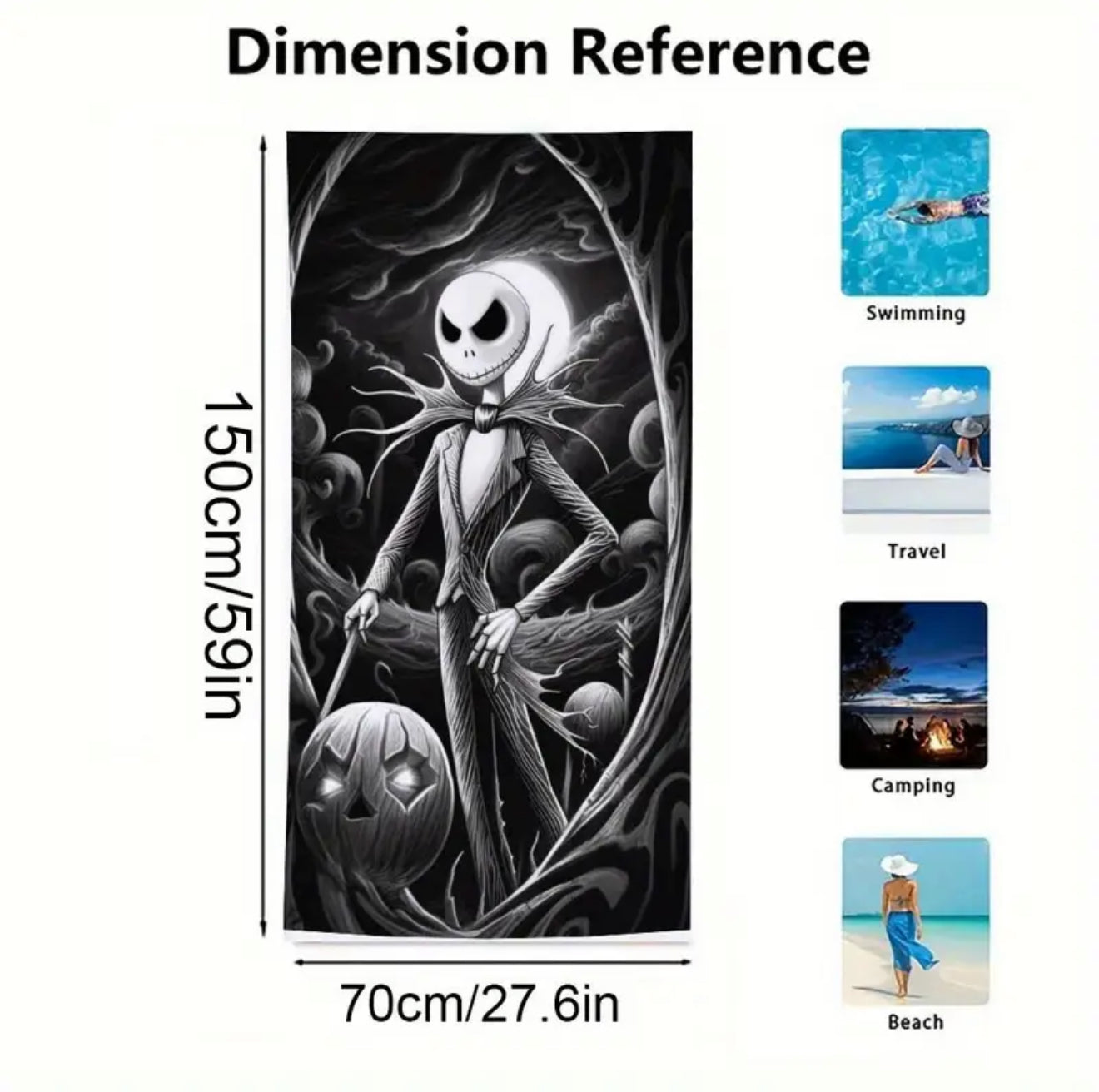 π€ Jack Skellington Halloween Oversized Beach Towel β Spooky Black & White Disney Design | Soft Lightweight Microfiber | Quick-Dry | 59x27.6β