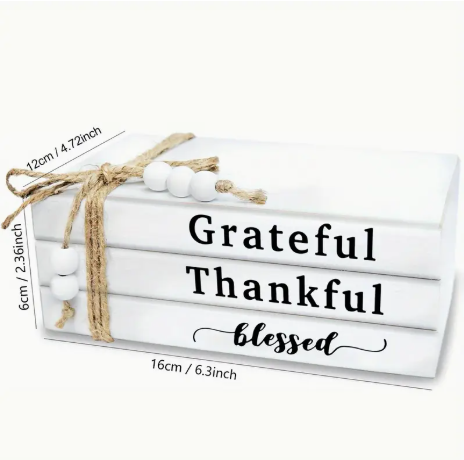 Grateful Thankful Blessed Wooden Book Stack – Rustic Faux Books with Jute Bow & Beads for Tiered Tray or Farmhouse Decor
