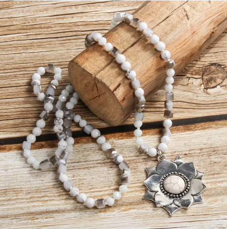 6mm Gray Stone Vintage/Boho Necklace