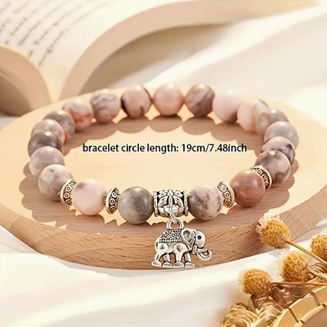 8mm Pink Zebra Jasper Stones Bracelet with Elephant Charm