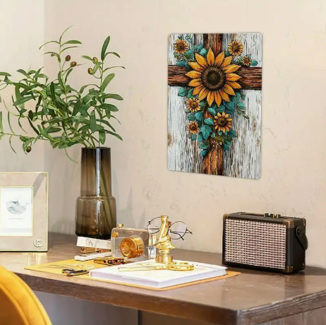 Sunflower Cross Metal Wall Sign – 8x12 Vintage Tinplate Christian Home Decor for Living Room, Bedroom, or Entryway