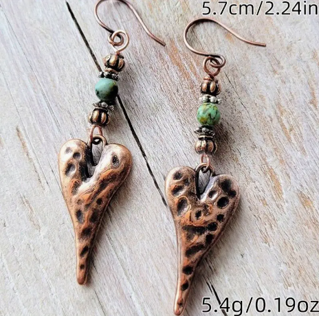 Retro Heart Geometry Ethnic Style Copper Natural Stone Multi-Color Pendant Earrings