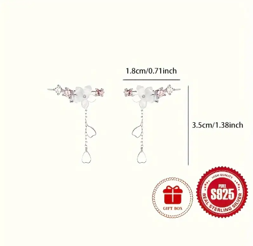 S925 Pure Sterling Silver Cherry Blossom Flower with Cubic Zircona Dangle Earrings