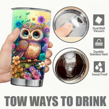 20oz Cute Owl FloralStainless Steel Tumbler with Lid