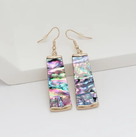 Multicolor & Gold Abalone Glass Drop Earrings | Purple Iridescent Trapezoid Earrings with Abalone Shell Inlay | Hypoallergenic Earring Wire