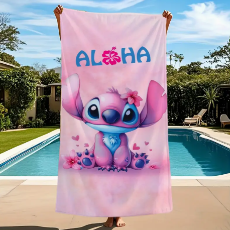 Aloha Stitch Beach Towel – Soft Quick-Dry Pink Towel with Cute Anime Design & Flowers | Poolside, Beach & Travel Must-Have