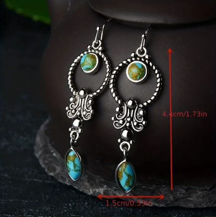 Turquoise Antique Silvery Dangle Earrings – Vintage Boho Drop Design with Inlaid Mosaic Stone