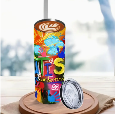 Autism Awareness 20oz Stainless Steel Insulated Tumbler – Travel Mug with Lid & Straw, Reusable Double-Wall Cup