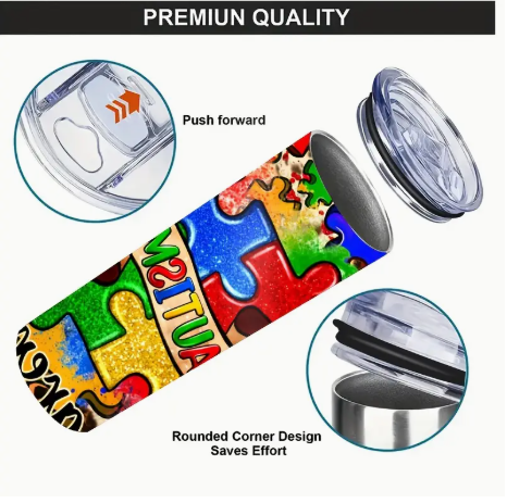 Autism Awareness Stainless Steel Tumbler with Lid & Straw β 20oz Puzzle Piece Insulated Travel Mug with Gift Box