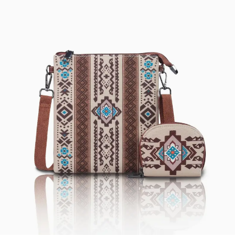2-Piece Boho Crossbody Bag Set – Lightweight Tribal Print Shoulder Bag with Matching Coin Purse | Adjustable Strap & Zipper Closure