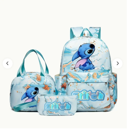 π Stitch 3-Piece Backpack Set - Pink Marble & Blue Accents | School Bag, Lunch Tote & Pencil Case