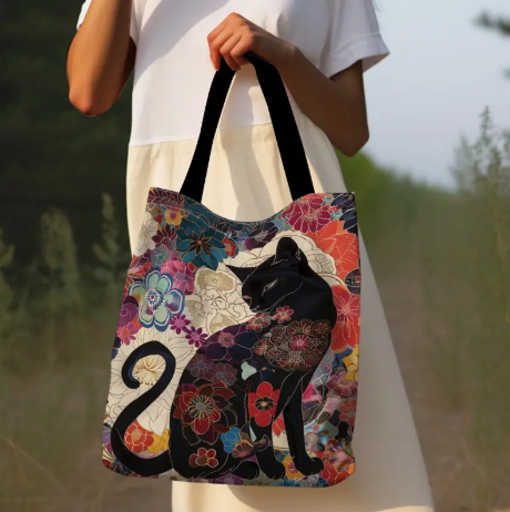Japanese Cat & Floral Canvas Tote Bag