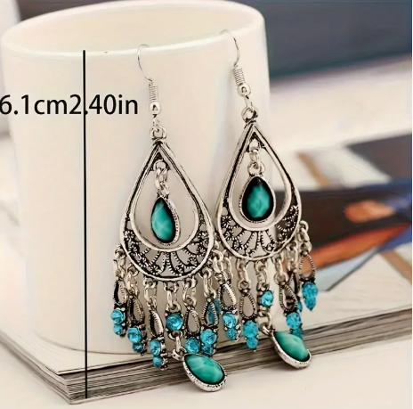 Bohemian Turquoise Tassel Drop Earrings – Vintage Teardrop Design with Blue Crystal Accents, Lightweight Statement Jewelry