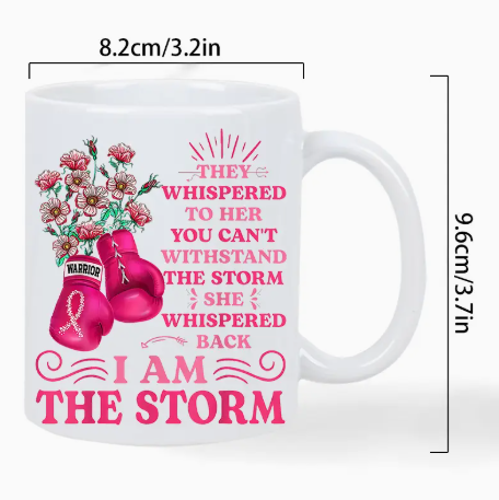"I Am The Storm" Breast Cancer Awareness Mug – Inspirational Ceramic Coffee Cup, Pink Boxing Gloves, Warrior Quote, Dishwasher & Microwave Safe