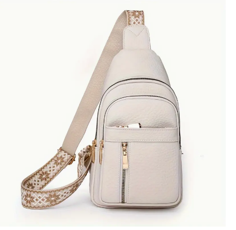 Vintage-Inspired Crossbody Chest Bag – Adjustable Strap, Zippered Pockets | Neutral Cream with Boho Accent Strap