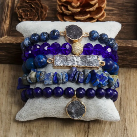 Artisan Crafted Druzy & Natural Stone Stack Bracelet - Deep Blue