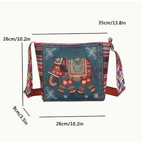 Embroidered Elephant Crossbody Bag – Boho Tribal Style with Adjustable Strap