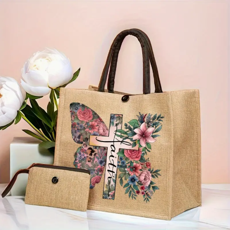 Faith-Inspired Tote Bag Set – Floral Butterfly Cross Design with Matching Zipper Pouch
