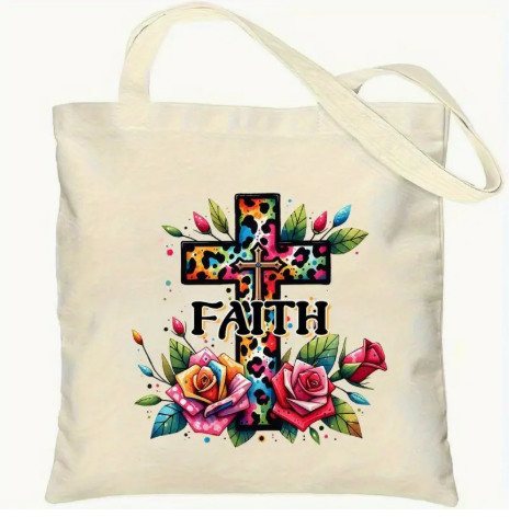 Faith Canvas Tote Bag – Reusable Shoulder Bag with Colorful Cross & Floral Design | Large Capacity Grocery & Daily Carry-All