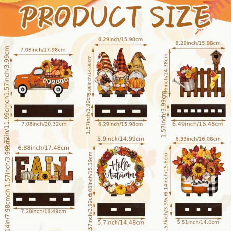 6pc Fall Harvest Wooden Decor Set – Pumpkin Truck, Gnomes, Flowers, Fence, Wreath & “FALL” Sign – Rustic Autumn Thanksgiving Display