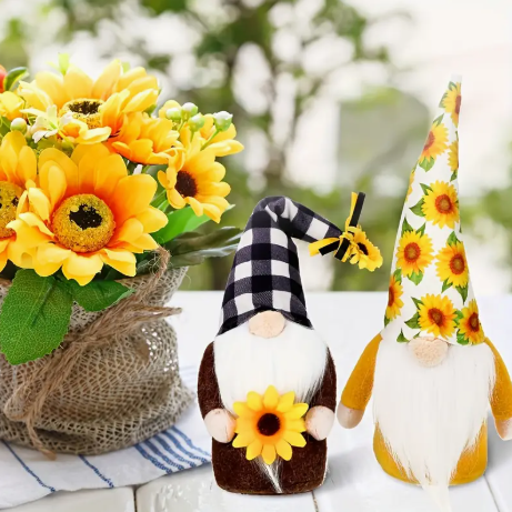 3-Piece Summer Gnome Décor Set – Sunflower & Buffalo Plaid Plush Gnomes | Tiered Tray, Kitchen, and Garden Display