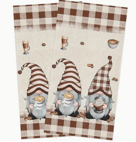 2-Piece Retro Coffee Gnome Kitchen Towels – Super-Absorbent 18x26 Polyester Dish Towels | Fun Farmhouse Coffee Bar Decor