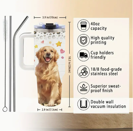 Golden Retriever 40oz Stainless Steel Insulated Tumbler with Handle, Straw & Lid – Dog Lover Gift Travel Mug