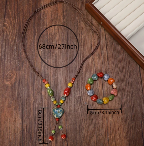 2-Piece Heart Necklace & Bracelet Set – Colorful Ceramic Jewelry Gift for Women