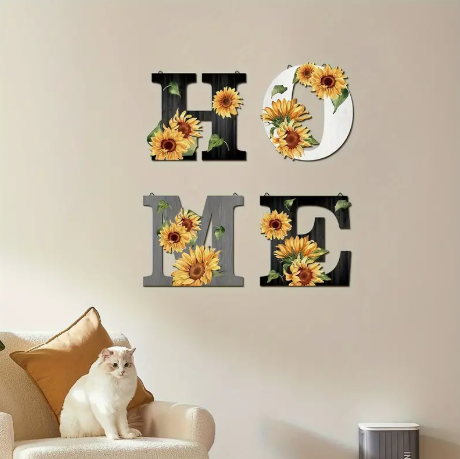 Sunflower Wooden HOME Wall Sign – 4-Piece Rustic Farmhouse Decor Set, 8.86” Letters, Cozy Country Home Accent