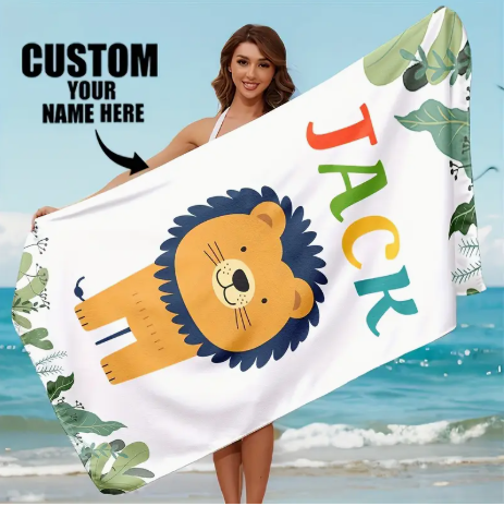 π¦ Customizable Lion Print Beach Towel β 30x60" Soft, Quick-Dry Personalized Jungle Gift