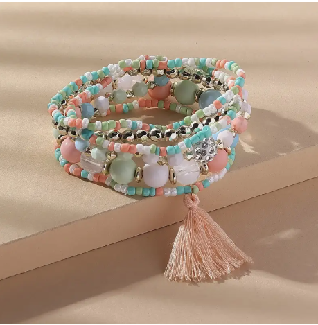 Bohemian Bracelet Set 6 Pcs Colorful Crystal Beads With Tassel Pendant Bracelet