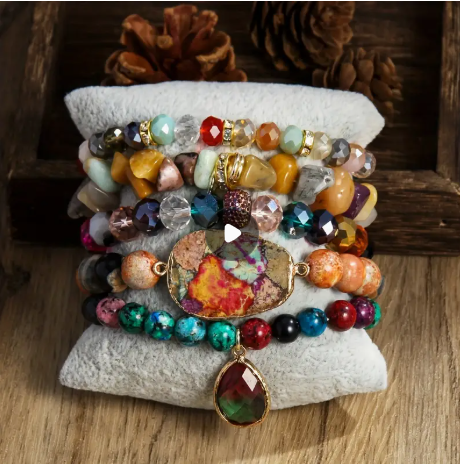 5pc Boho Chic Natural Stone Beaded Stretch Bracelet Set,