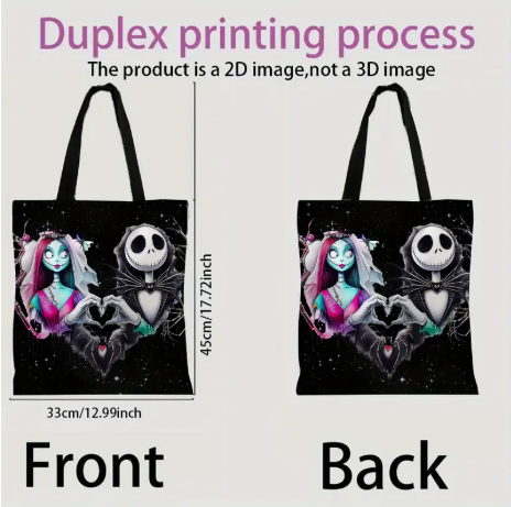 Jack Skellington & Sally Halloween Tote Bag | 2D Printed Linen Shoulder Bag for Everyday Use & Spooky Season Style