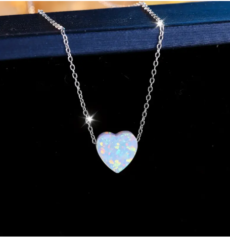 925 Sterling Silver Heart-Shaped White Opal Pendant Necklace