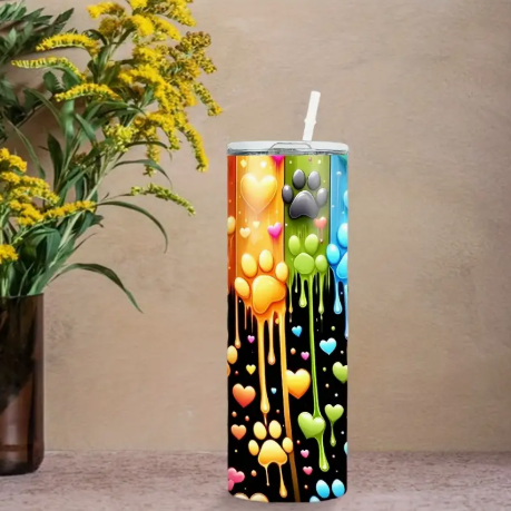 20oz Rainbow Paw Print Tumbler with Lid & Straw โ Stainless Steel Insulated Travel Mug for Pet Lovers, Birthday & Holiday Gift