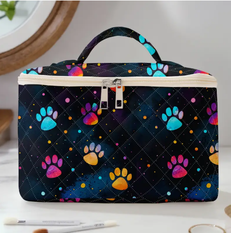 Quilted Paw Print Travel Cosmetic Case – Large Capacity Makeup Organizer with Handle | Colorful Pet Lover Toiletry Bag
