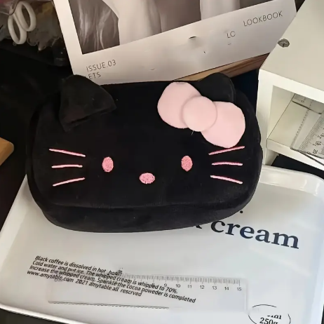 Sanrio Hello Kitty Plush Pencil Case – Soft White Cat Zipper Bag with Red Bow, Cute School & Office Storage
