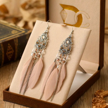 Boho Chic Long Feather Earrings – Retro Filigree Drop Design with Soft Pink Accents for Everyday & Occasions