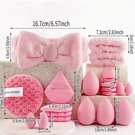 Pink Beauty Sponge & Skincare Set – 12-Piece Makeup Blender Kit with Headband, Hair Ties, and Cleansing Pads