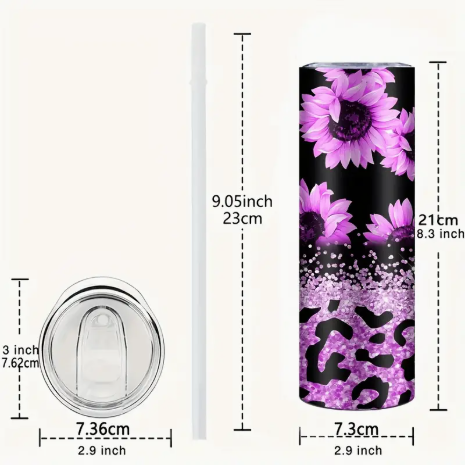 20oz Insulated Stainless Steel Tumbler – Purple Glitter Leopard & Sunflower | Slim Travel Cup with Lid & Straw