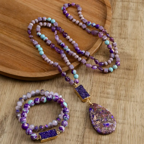Boho Luxe Jewelry Set – Purple Druzy Pendant Necklace + 2pc Stack Bracelet | Natural Stone & Crystal Beads