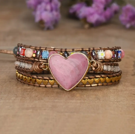 Bohemian Vintage Heart-Shaped Red Agate Natural Stone Beaded Bracelet