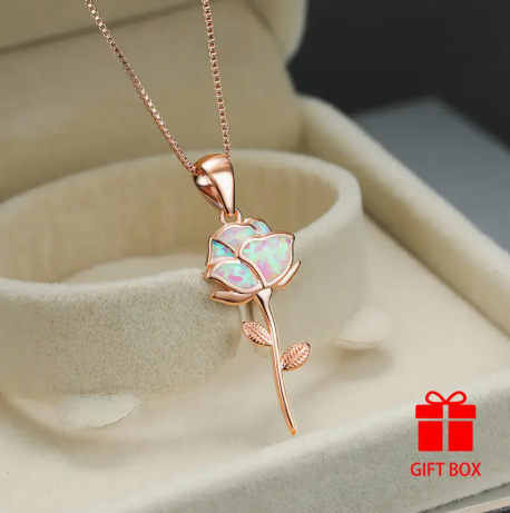 Rose Gold Rose Pendant Necklace with White Opal – Elegant Valentine’s Day Gift for Her | Dainty Rose Necklace with Gift Box