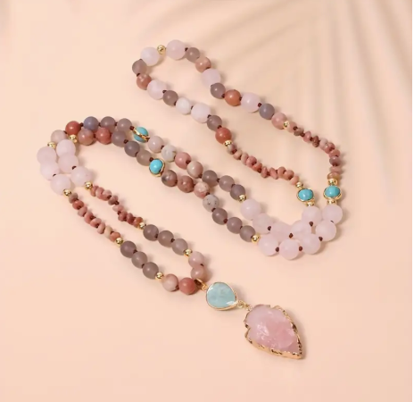 Handmade Rose Quartz Arrowhead Necklace-Hand Knotted Natural Stone Necklace